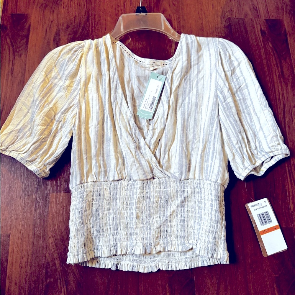 Mason & Belle Larla Smocked Bottom Striped Cream Blouse Size Small NWT